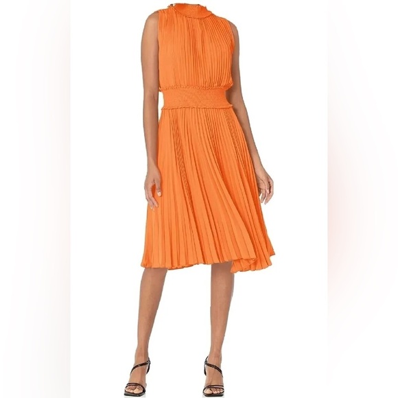 Nanette Lepore Dresses & Skirts - Nannette Lapore shimmering Vivid Coral Accordion Pleat Midi Dress